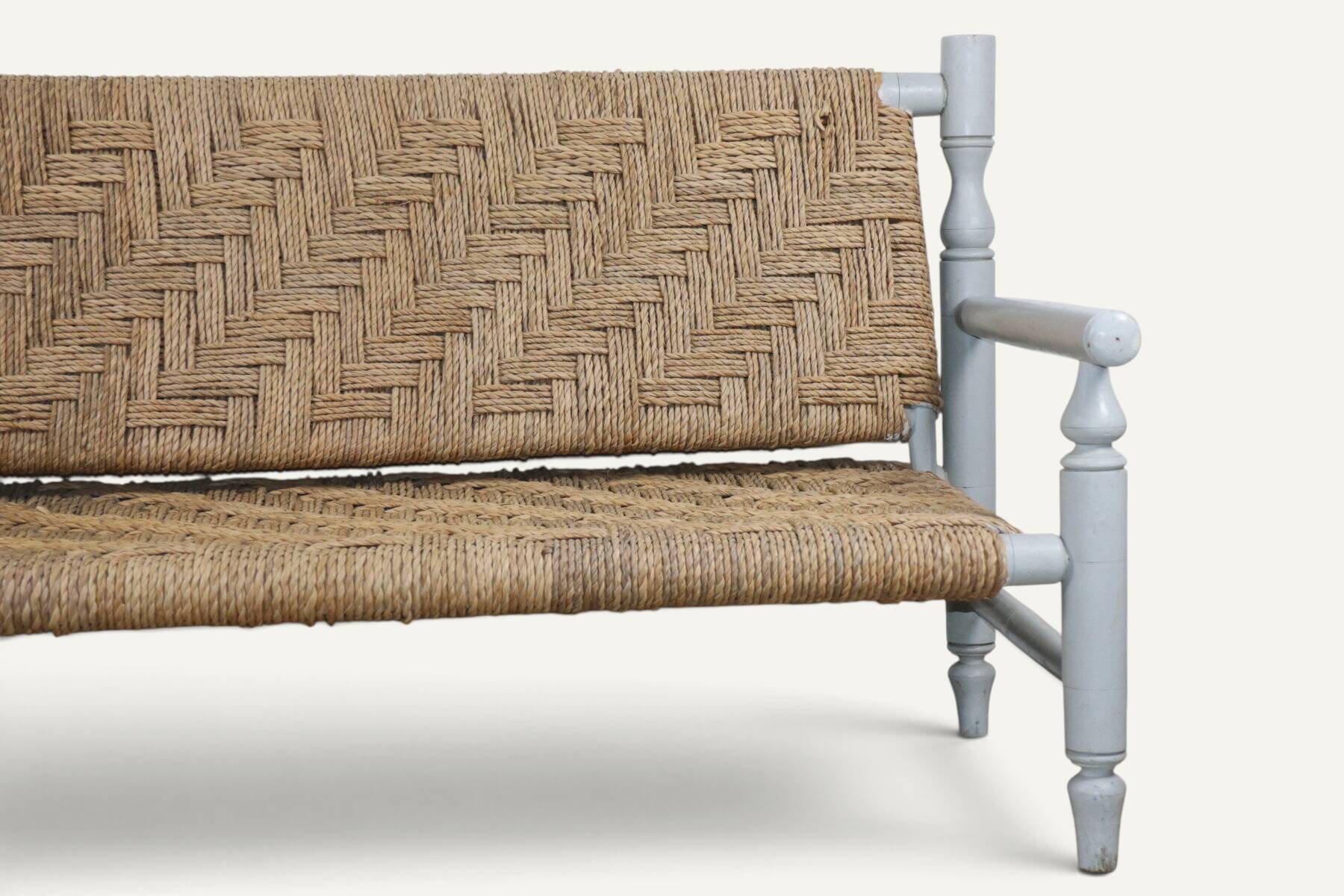 Vintage bench in braided rope and painted wood, 1950s-60s.