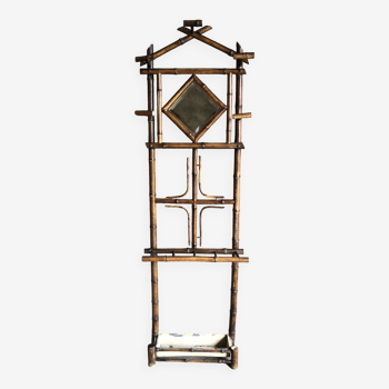 Vintage bamboo rattan coat rack, with beveled diamond mirror