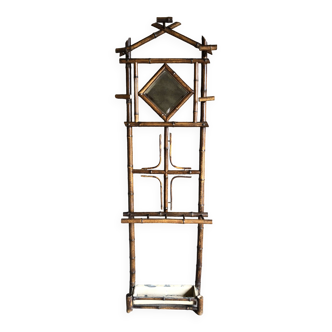 Vintage bamboo rattan coat rack, with beveled diamond mirror