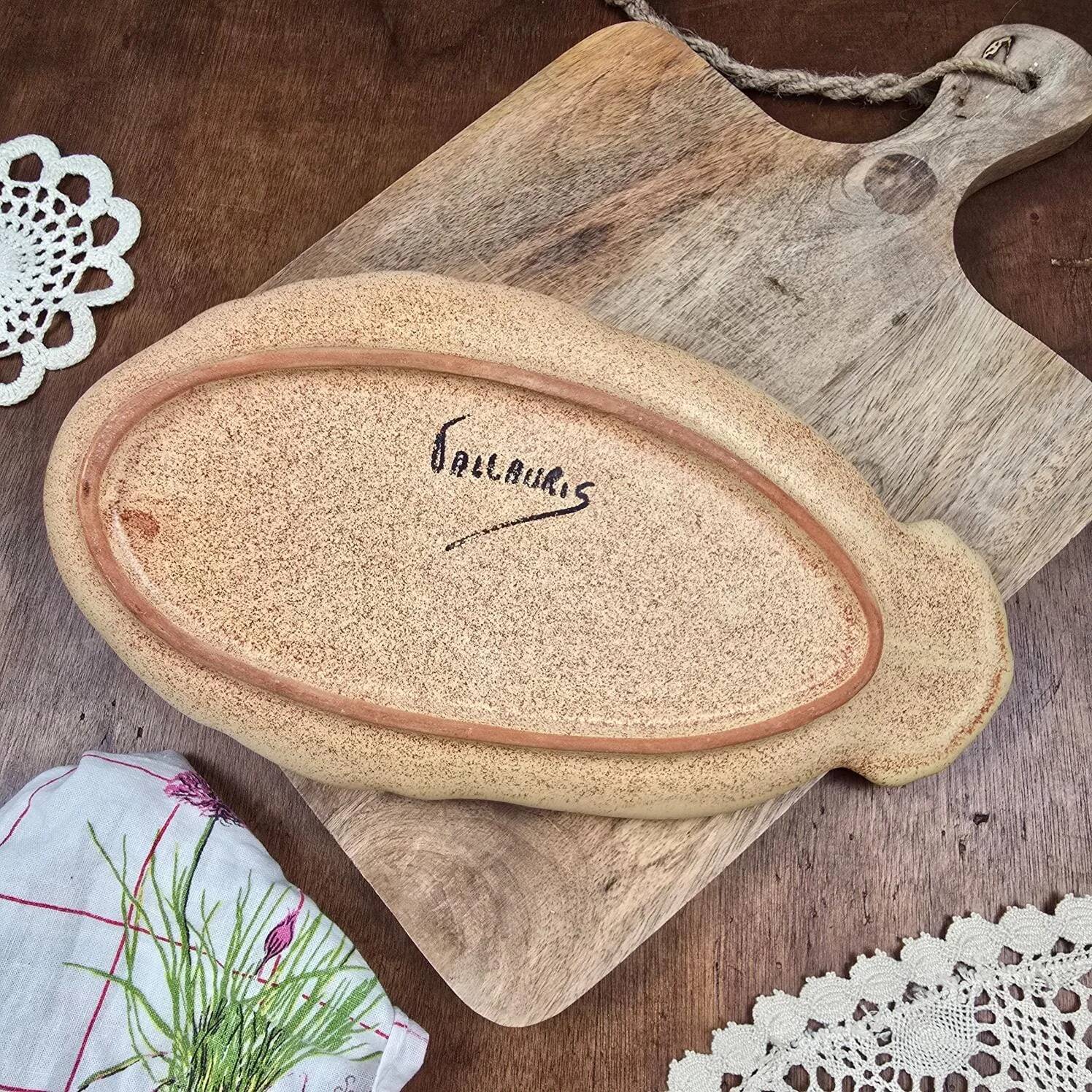 Ceramic foie gras dish from Vallauris – engraved floral decoration