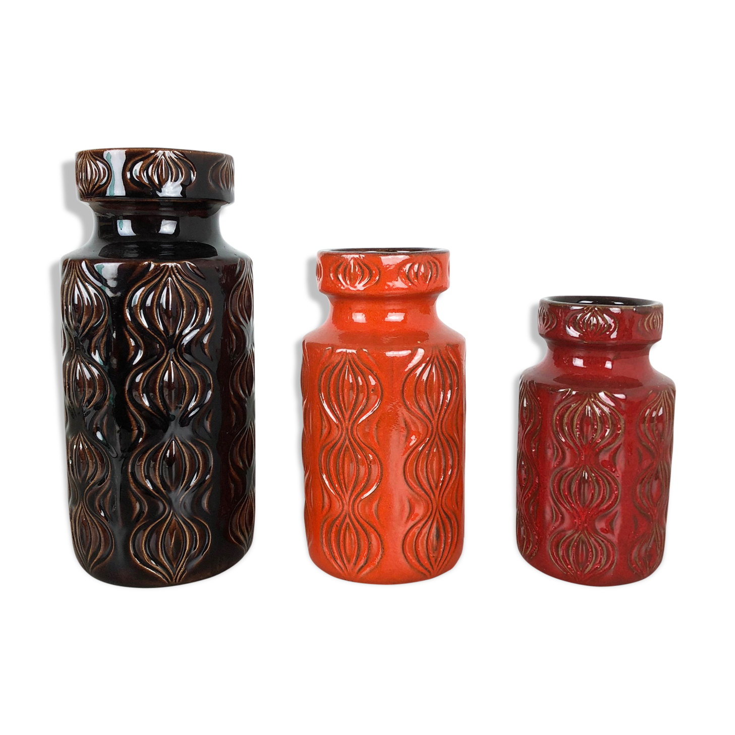 Set of three vintage pottery fat lava 'onion' vases made by Scheurich, Germany