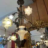 19th century brass and bronze chandelier, Napoleon III, illuminated by 6 tulips and a central globe