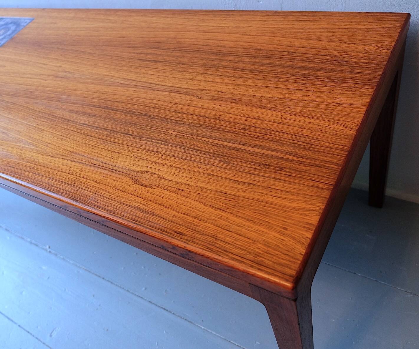 Danish rosewood and blue ceramic tile coffee table, Denmark 1960s