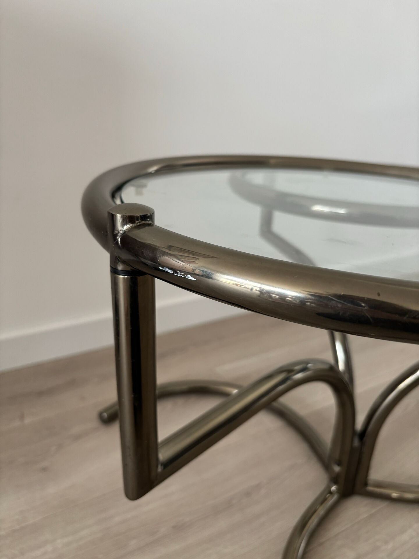 Table basse Morex attribuée à Milo Baughman années 70 3 plateaux