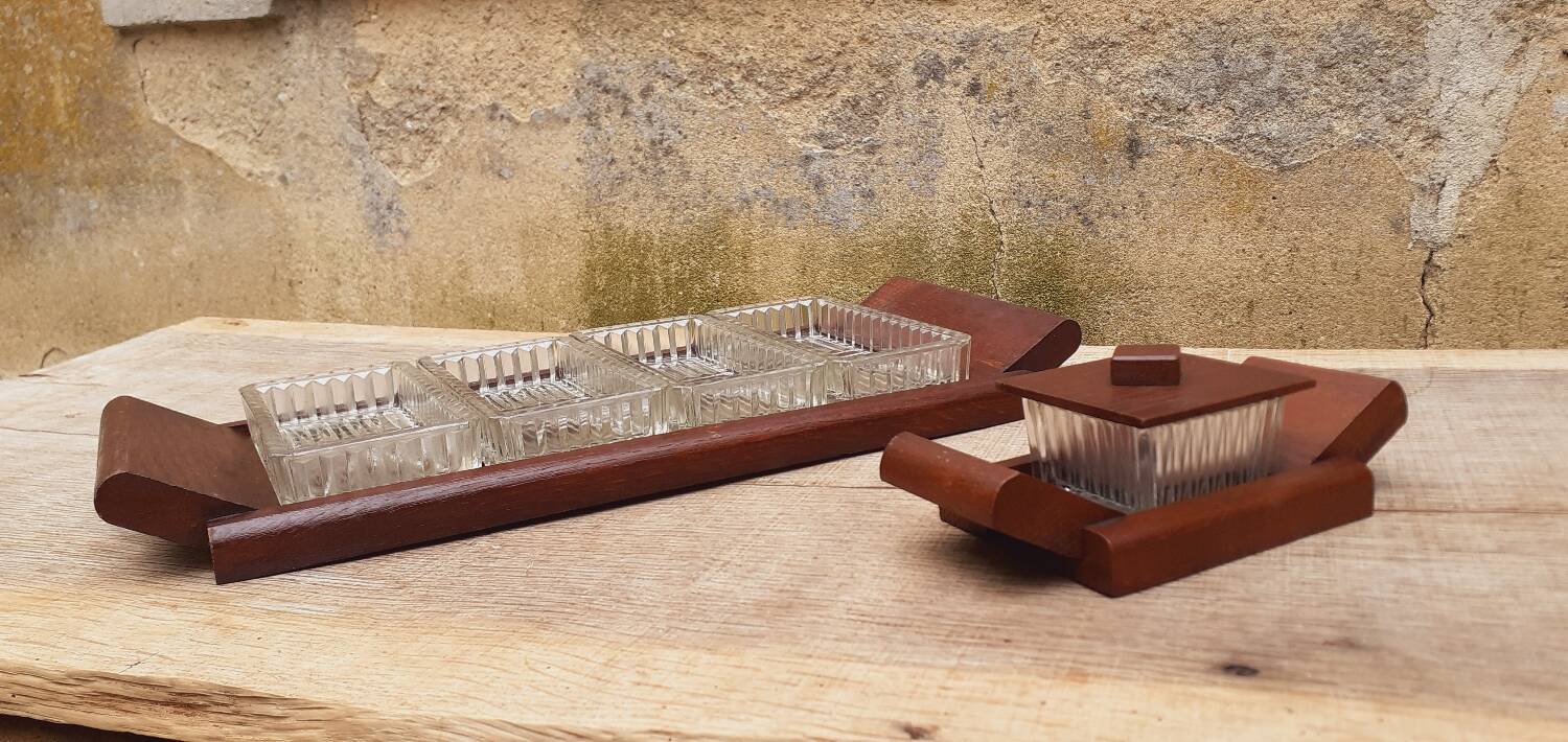 Vintage aperitif tray in oak and molded glass from the 50s