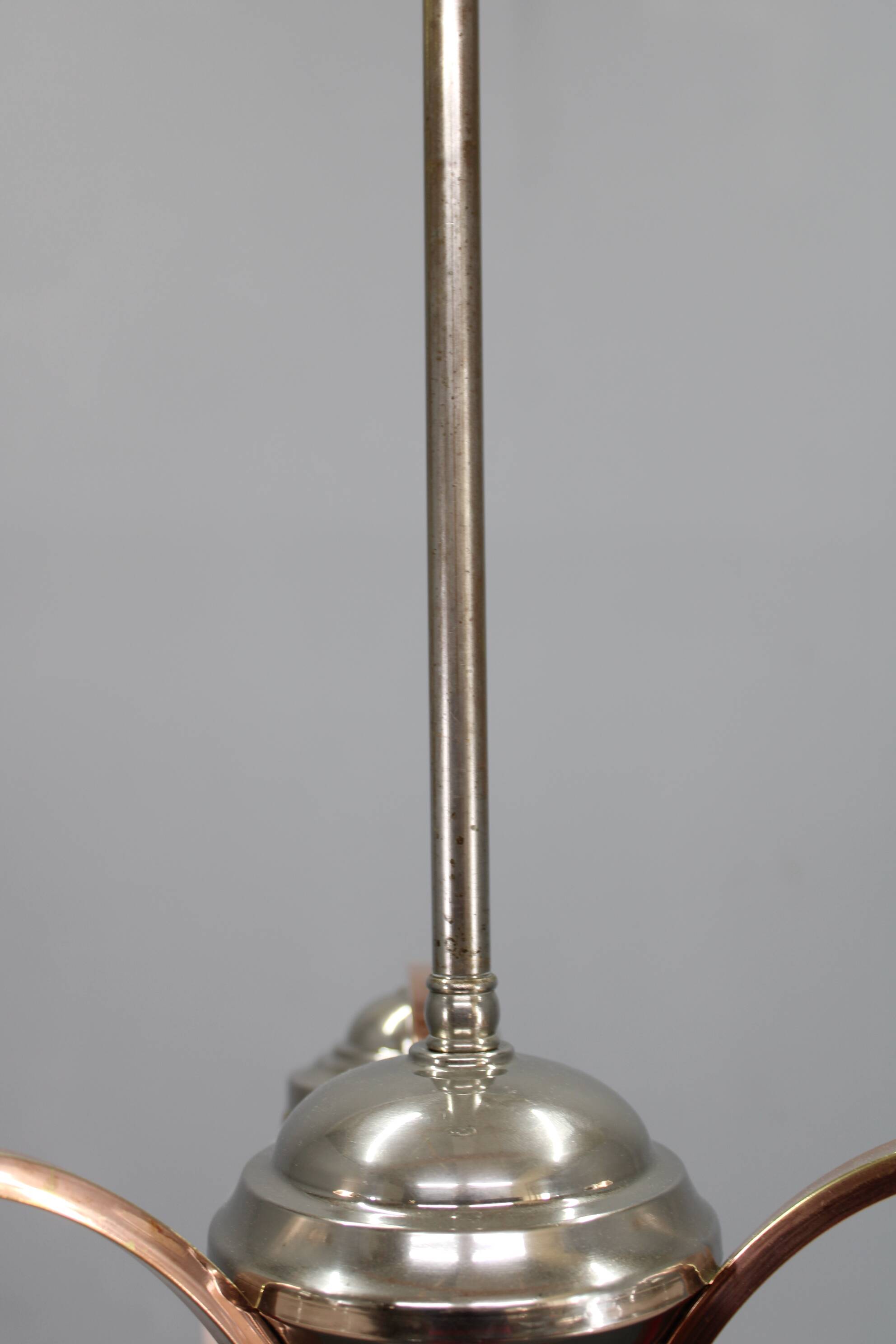 1930s Czechoslovak Art Deco nickel chandelier with rose opaline glass globes