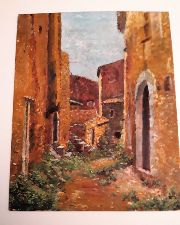 scène de ruelle méditerranéenne (type Provence ou Italie), peinte dans un s