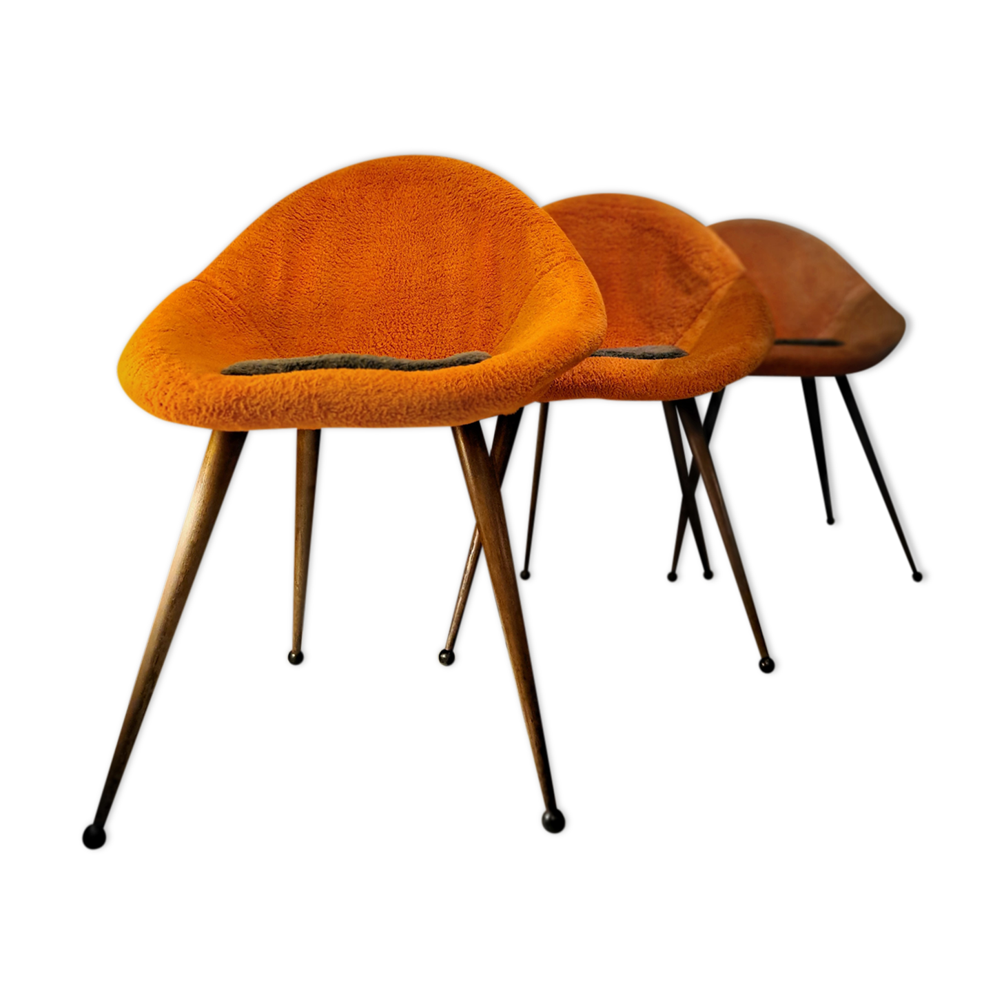 Set of 3 chairs, egg-shaped armchairs with compass legs, 1950
