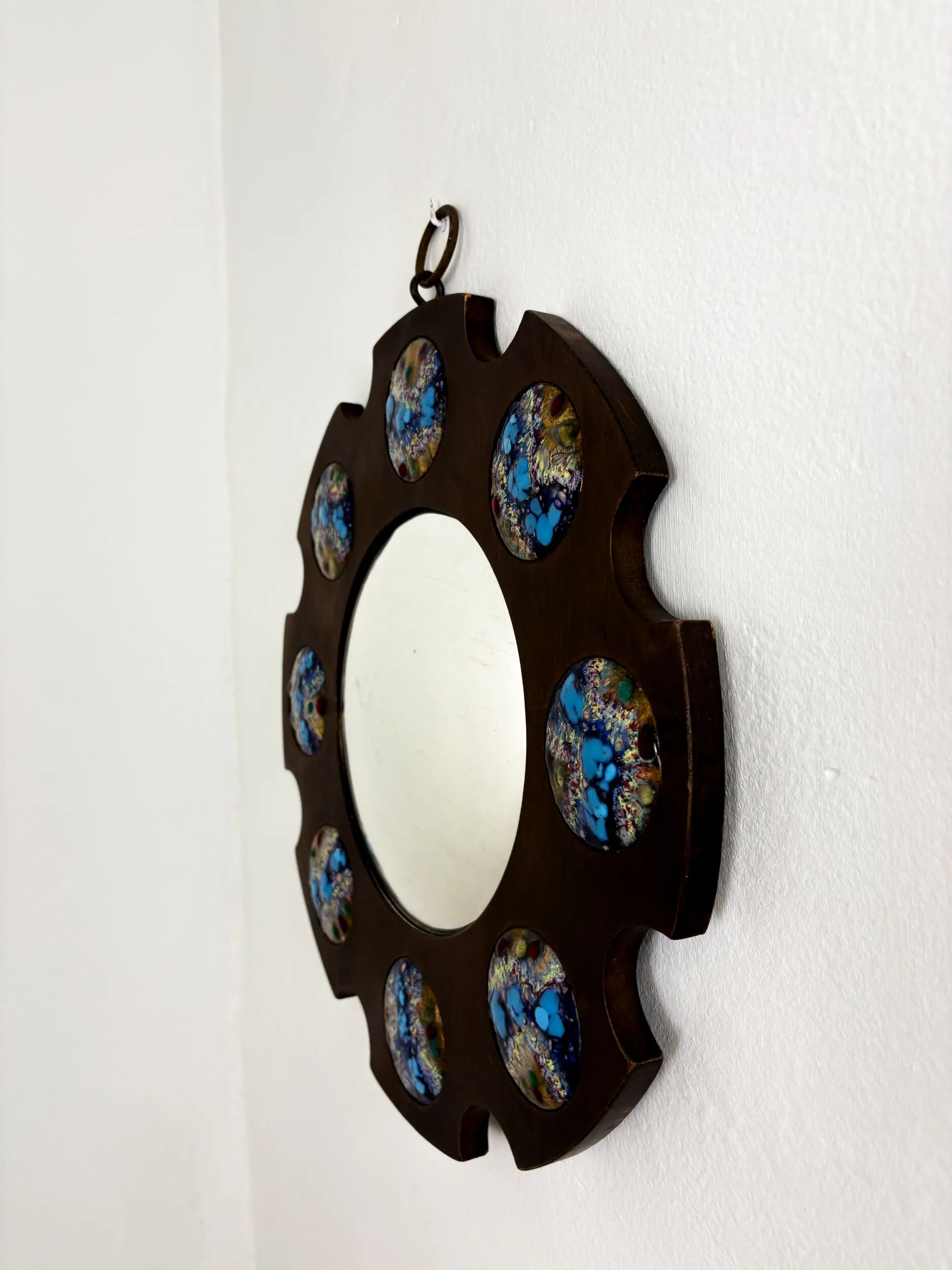 Modernist wood and enamel mirror by J. Capo Esmaltes, Spain, 1970s