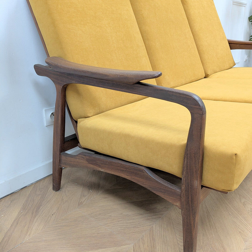 Second-hand Danish teak canapé, reupholstered in yellow, 1960s.
