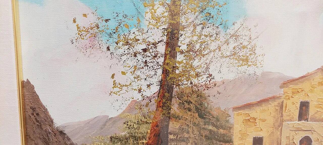 Tuscan landscape by R. Morelli, oil on canvas, late 20th century