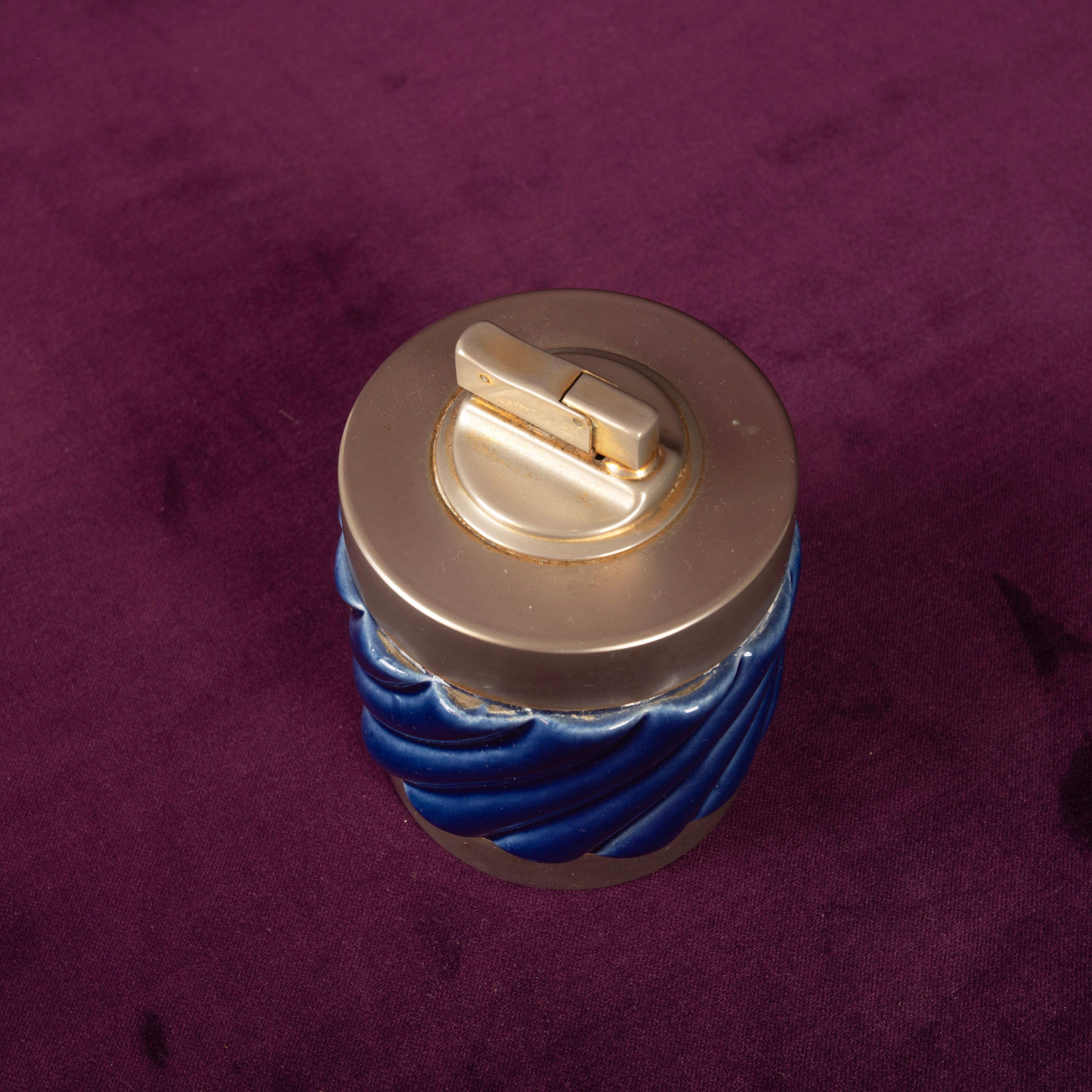 Tommaso Barbi Blue Glazed Ceramic and Brass-Toned Metal Table Lighter, 1970