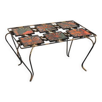 French Vintage Mettlach Tile - forged Coffee Table-wrought  iron 50s