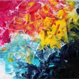 Acrylic painting on canvas in blue, pink, and yellow.
