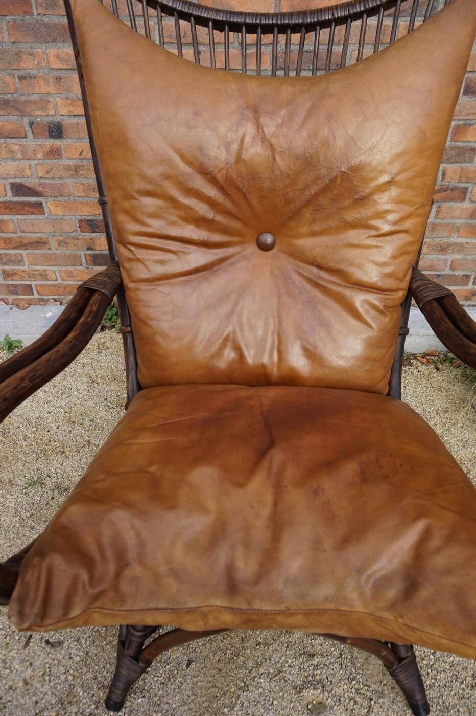 Chaise longue vintage en bambou et rotin avec coussins en cuir, années 1960