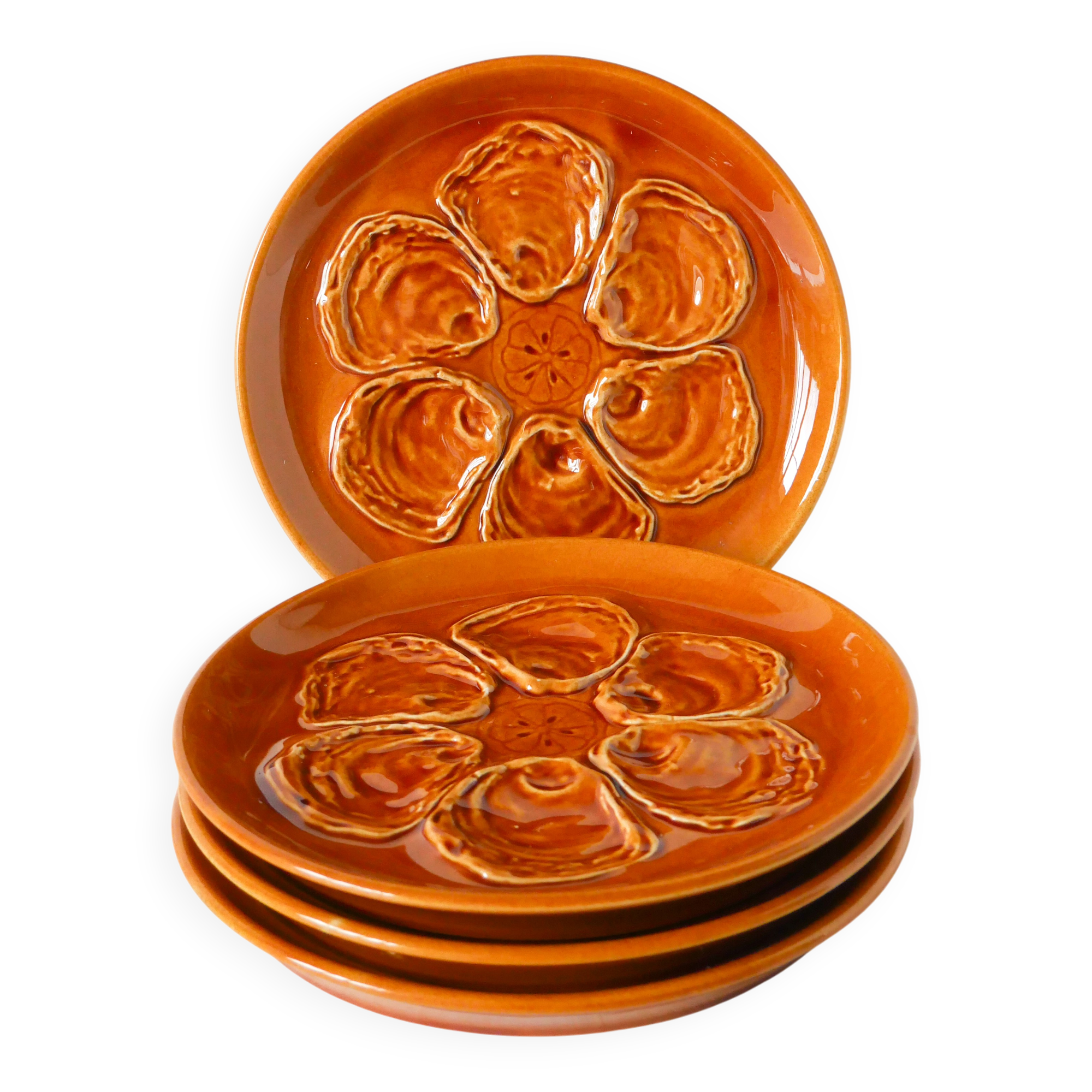 Set of 4 oyster plates in majolica, Mustard Yellow, 1970.