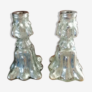 Pair of mercurized glass candle holders