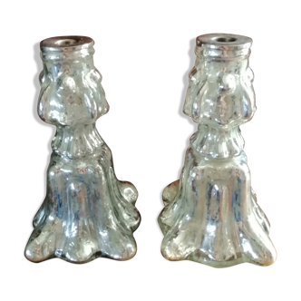 Pair of mercurized glass candle holders