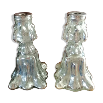 Paire de bougeoirs en verre mercurisé