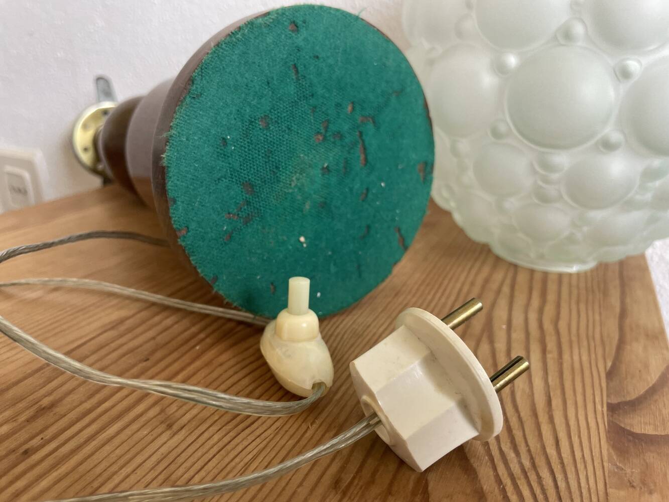 Large wood table lamp with frosted glass