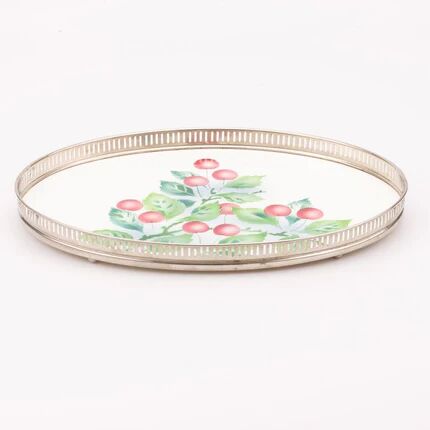 Oval Art Deco plate in earthenware and pierced metal with cherries