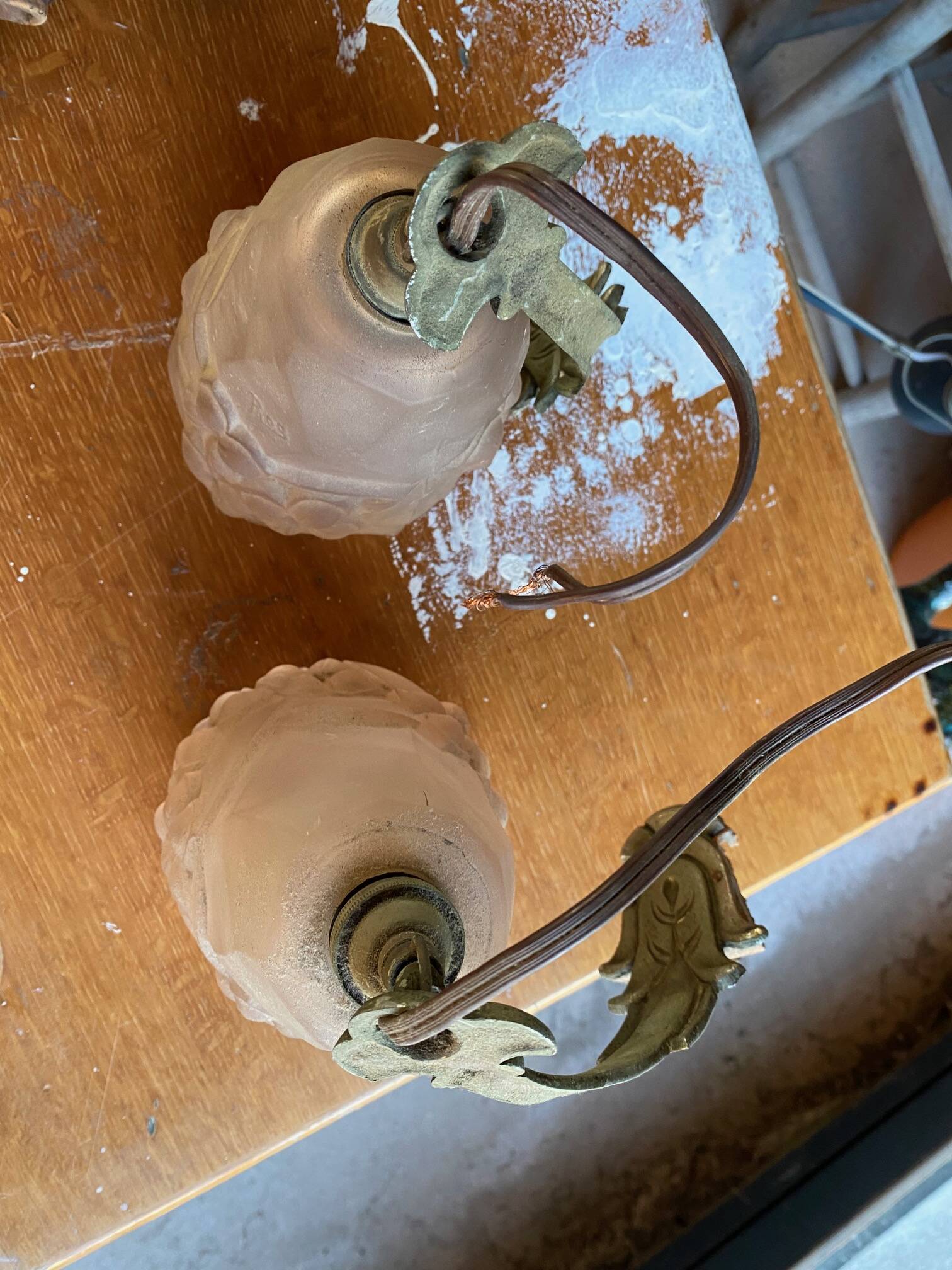 Pair of art deco silvered bronze wall lights with tulips signed ros