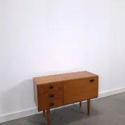 Vintage small teak cabinet with drawers, flap and black handles, hallway cabinet.