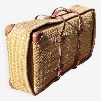 Early 20th century woven rattan straw suitcase