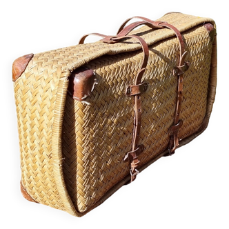 Valise en paille rotin tressé début XXe