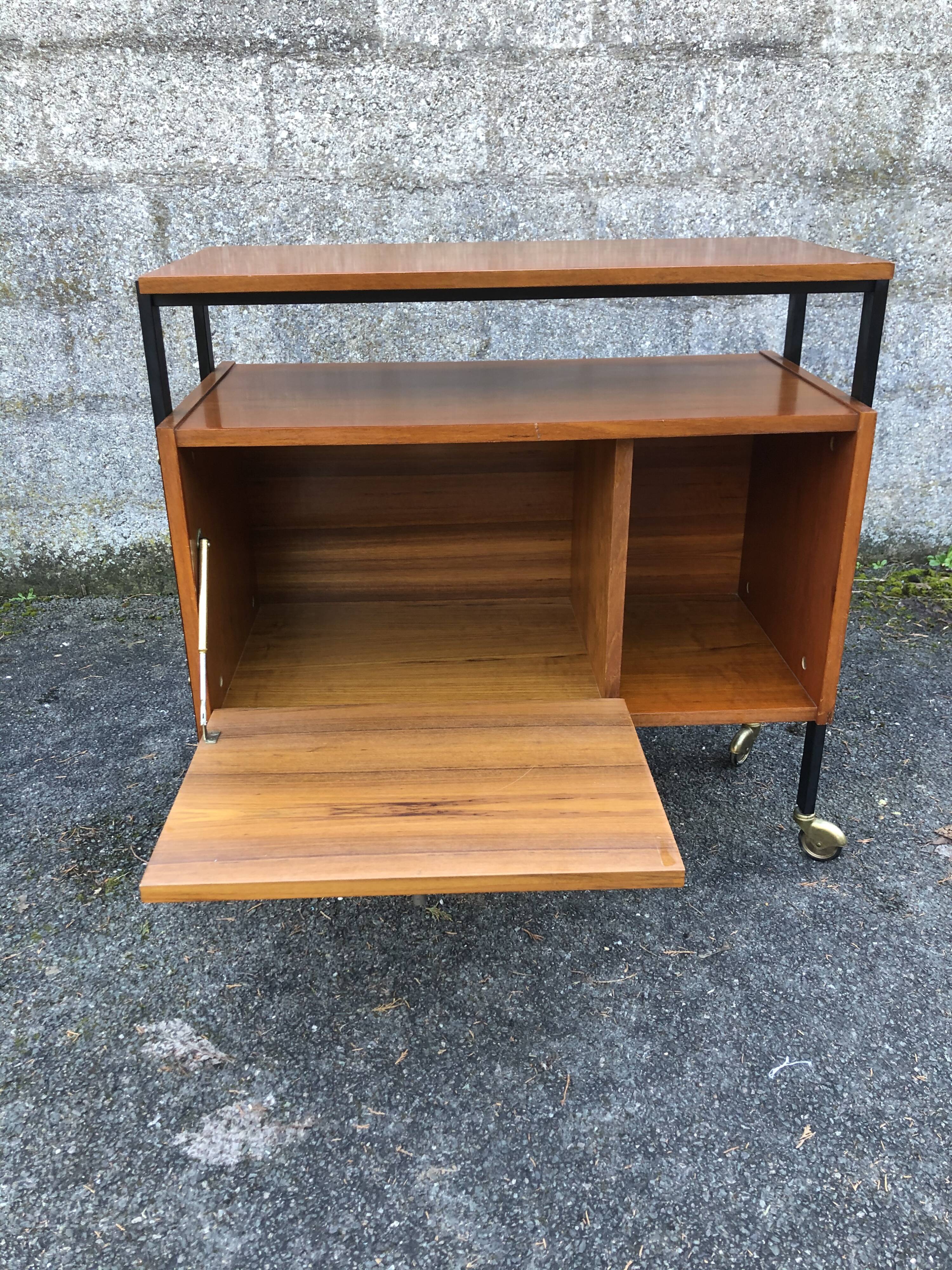 1960 wheeled furniture wood and black metal