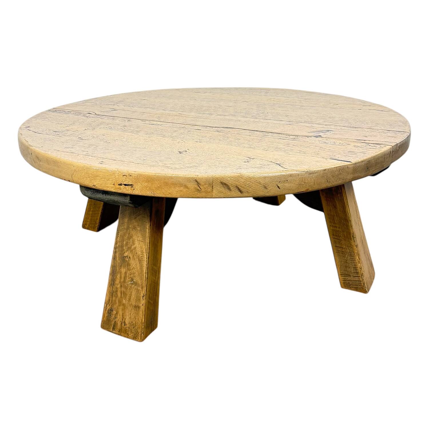 Rustic Solid Oak Coffee Table – Round Brutalist Style – Vintage European De
