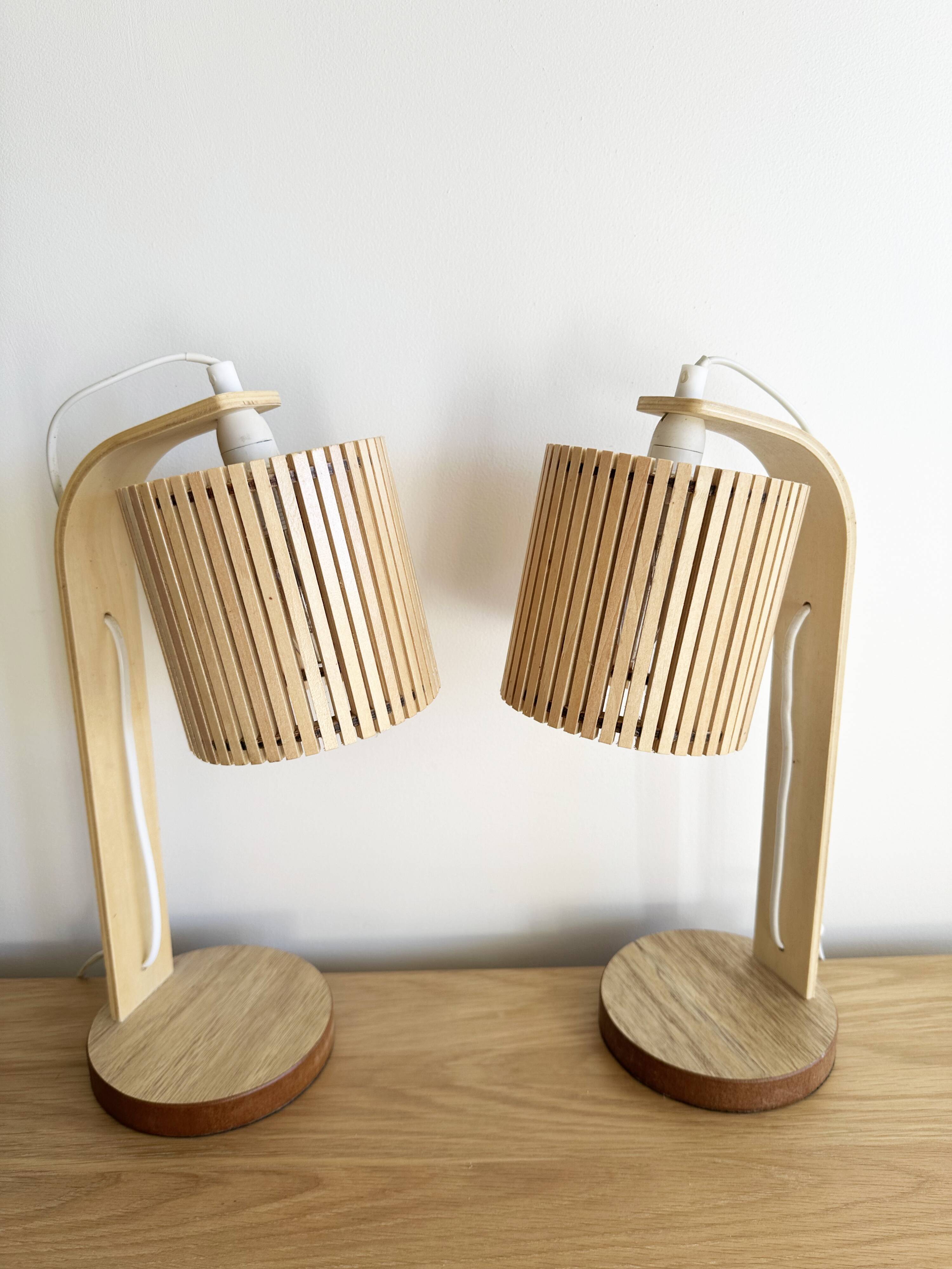Pair of large Scandinavian lamps in natural wood.