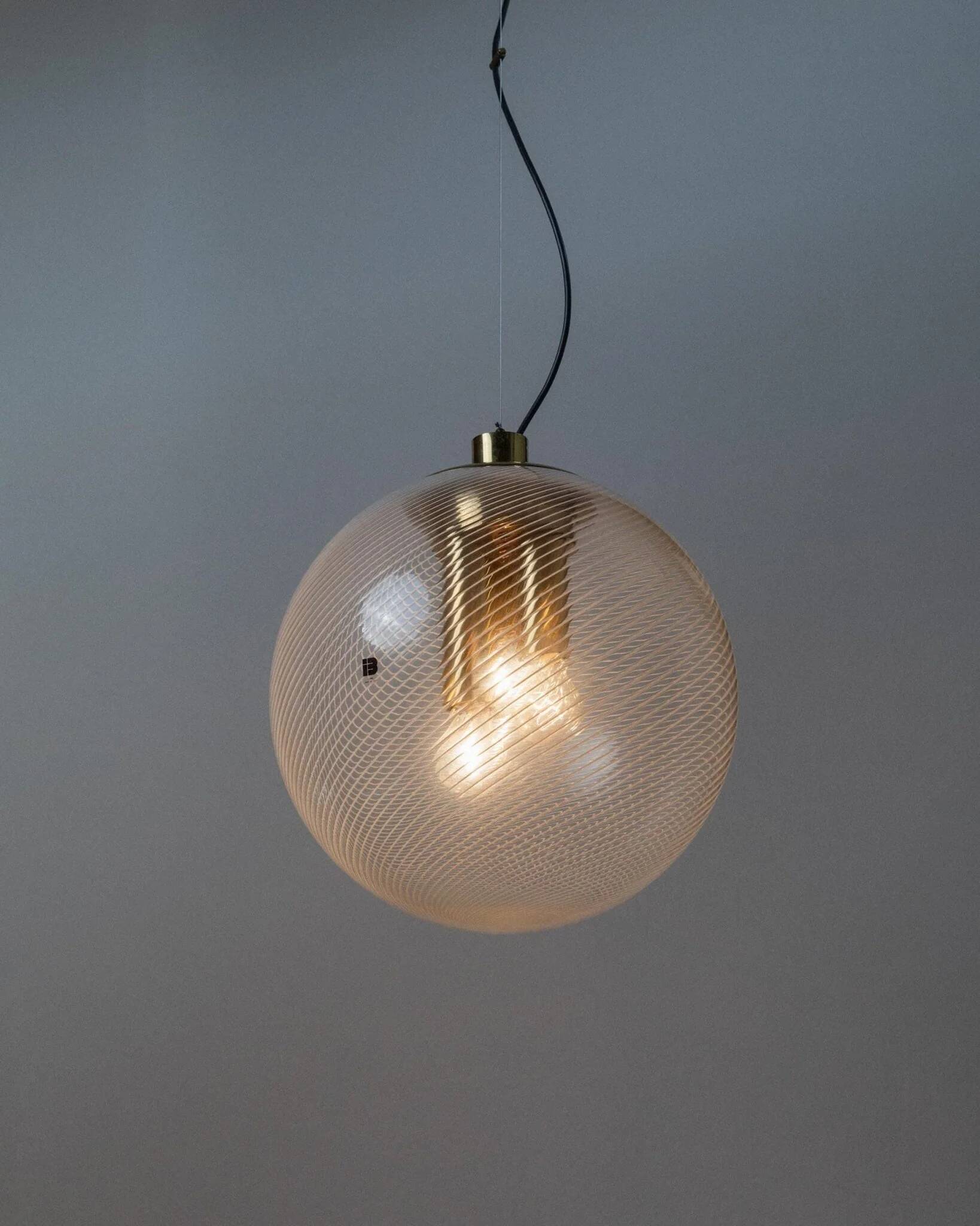 XXL Transparent Murano Glass Globe Lamp with Gold Metal Hardware, 3-Bulb Italian 1960s Vintage Pendant