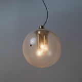 XXL Transparent Murano Glass Globe Lamp with Gold Metal Hardware, 3-Bulb Italian 1960s Vintage Pendant