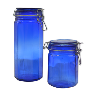 Set of 2 cylindrical cobalt blue jars