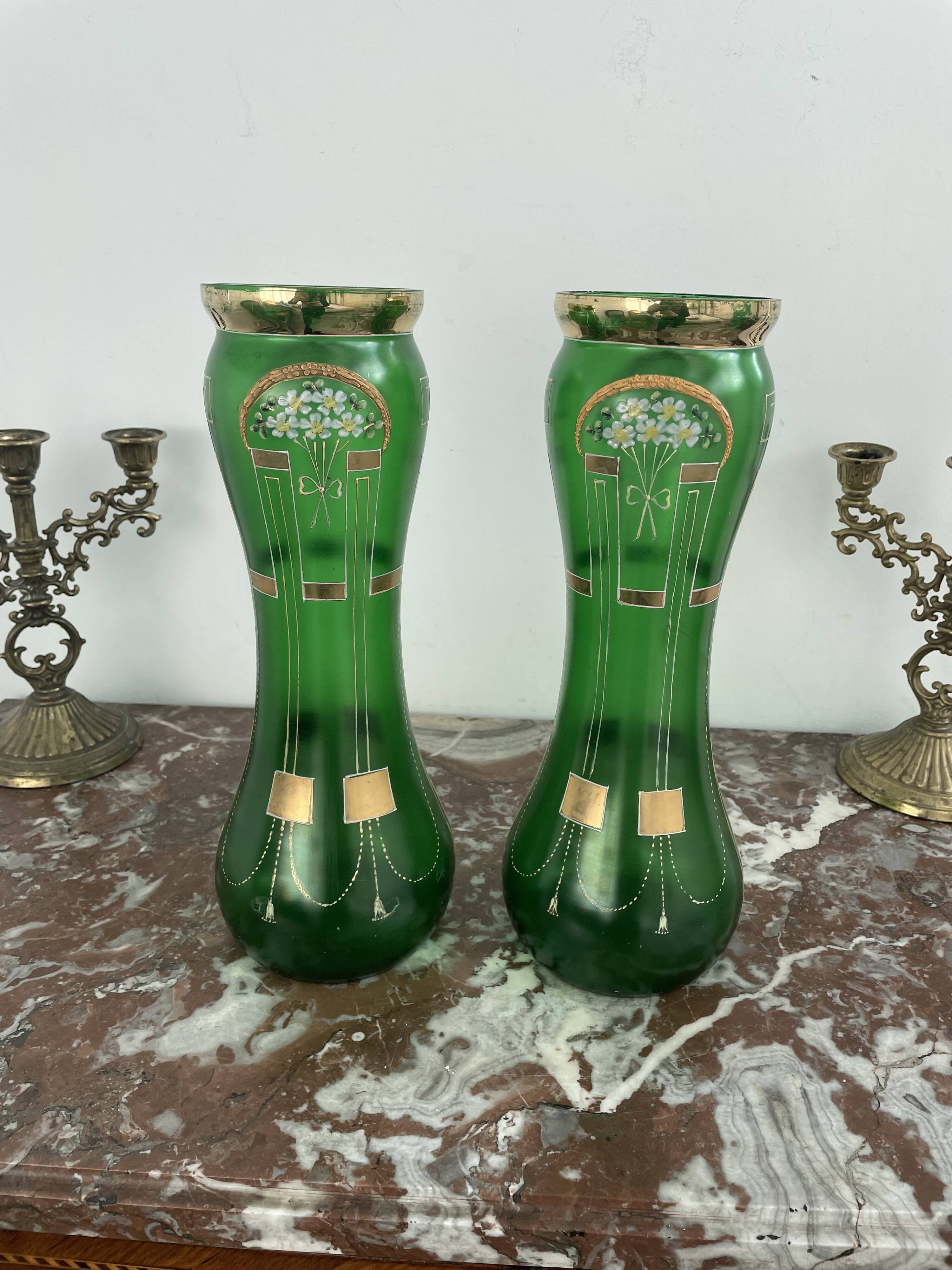 Antique, pair, green vases, flower decoration, golden, ART DECO, daisies, knot, hand painted