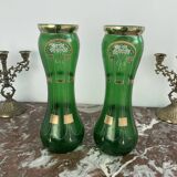 Paire de vases verts, décor fleurs, doré, art deco, marguerites, nœud, peint à la main, antique