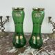 Antique, pair, green vases, flower decoration, golden, ART DECO, daisies, knot, hand painted