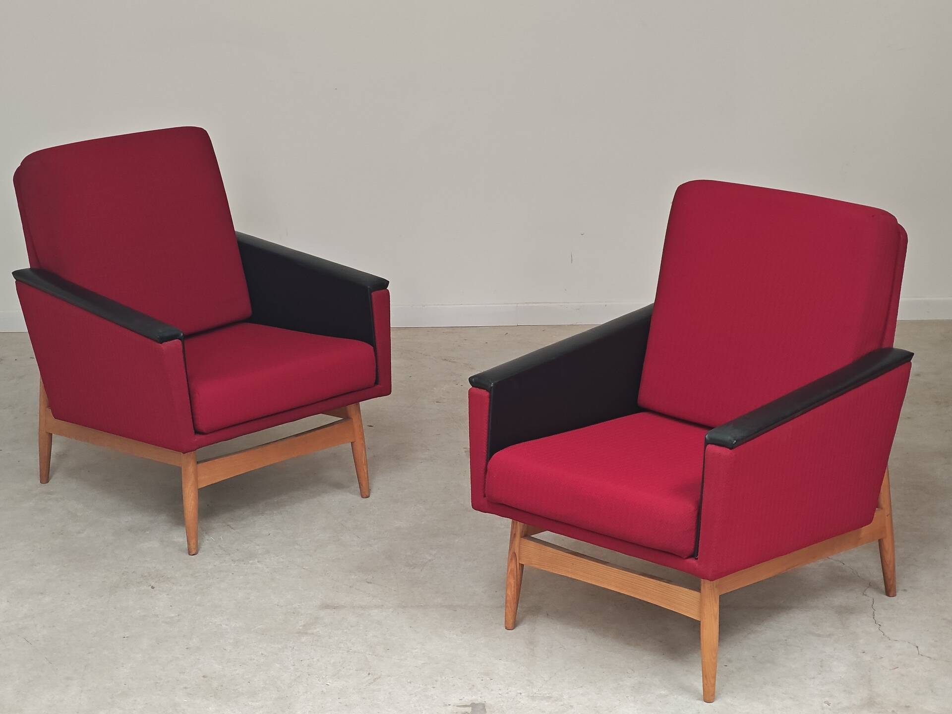 Pair of Drevotex Zamberk armchairs, red fabric and faux leather 1970