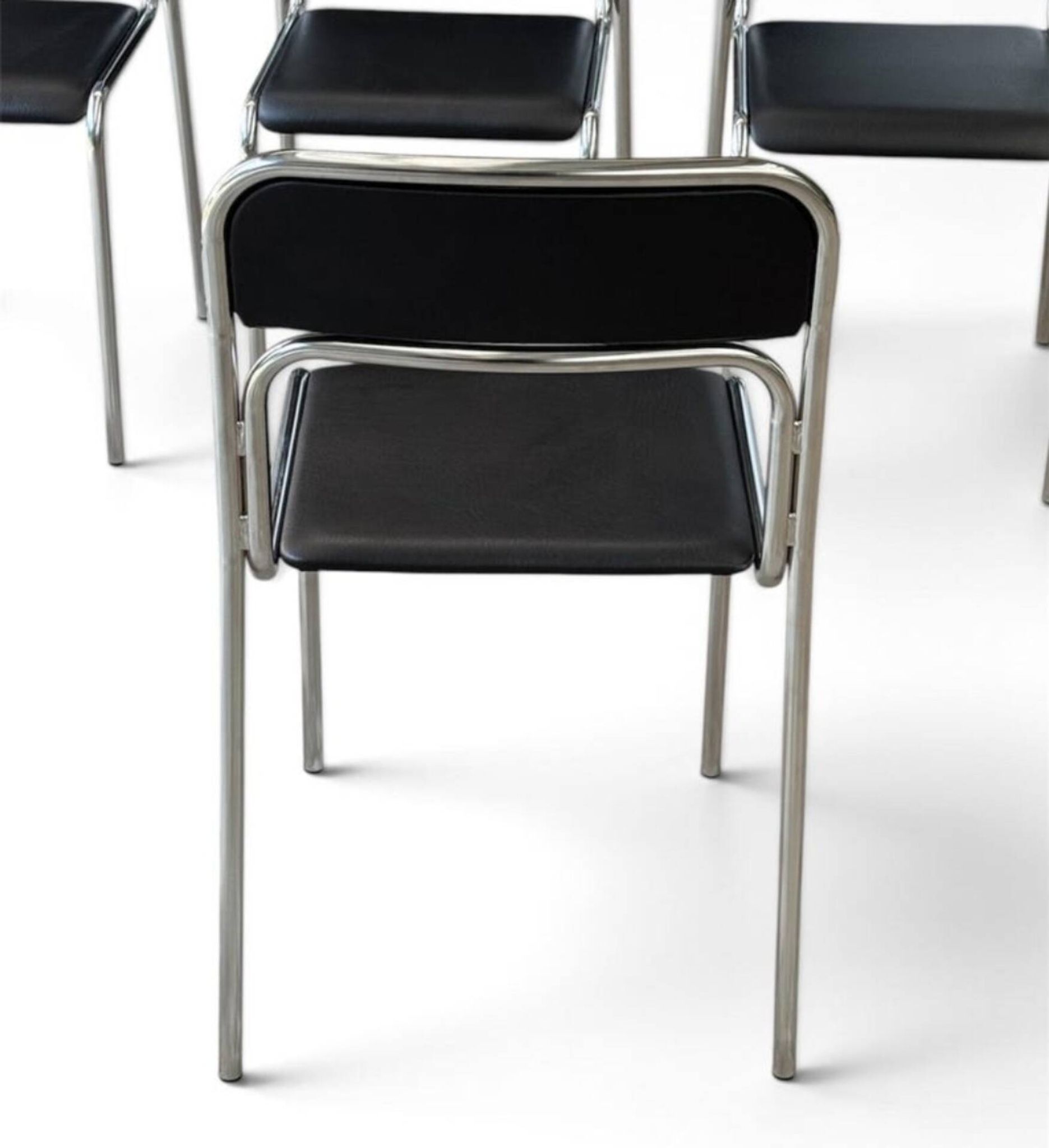 Bauhaus Style Tubular Steel Chairs, Black Faux Leather, Italian Modernist Dining Room