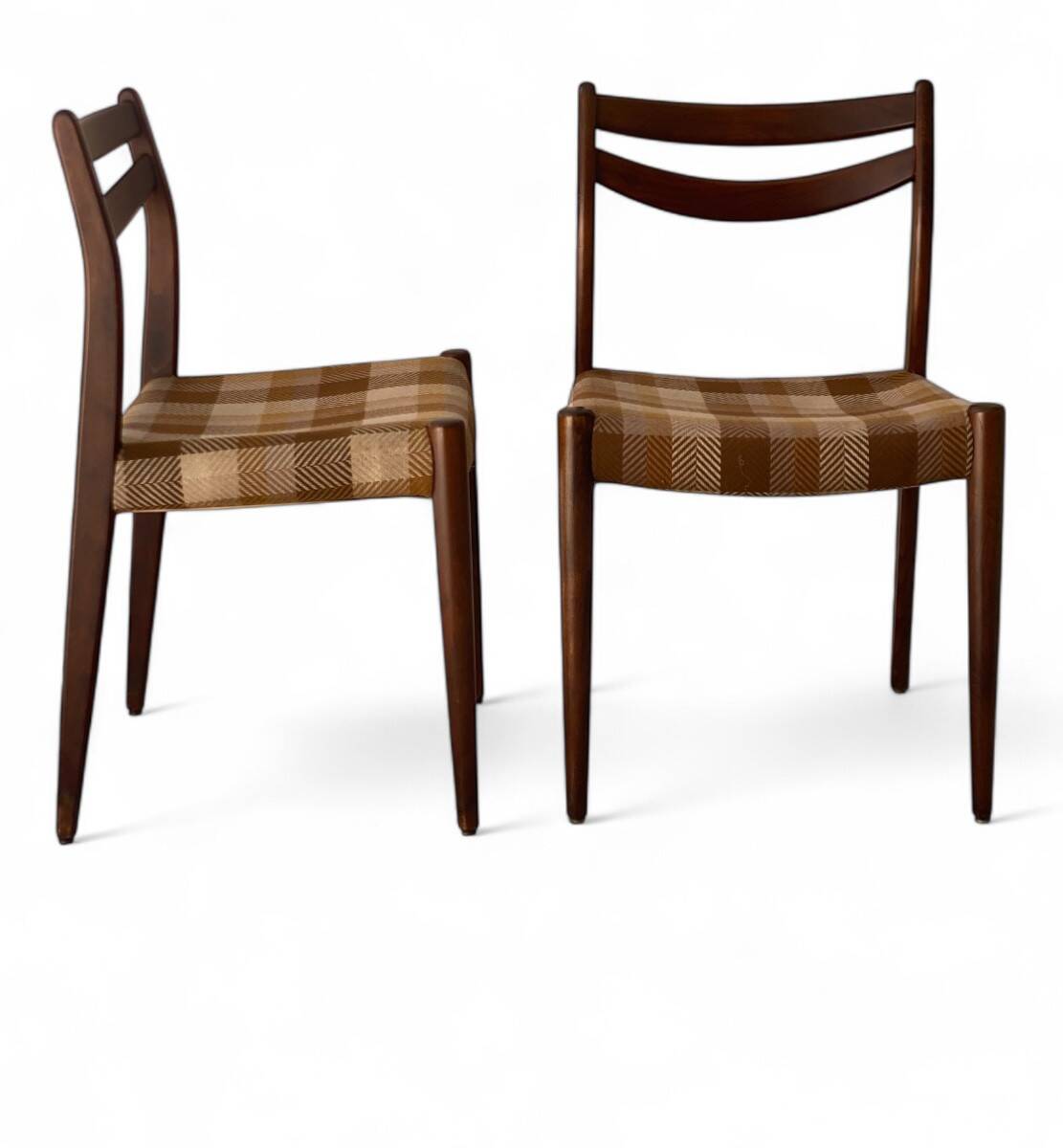 2 vintage Scandinavian chairs in teak and original tartan fabric