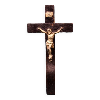 Crucifix ancien en bois ébonisé et laiton - Fin XIXème