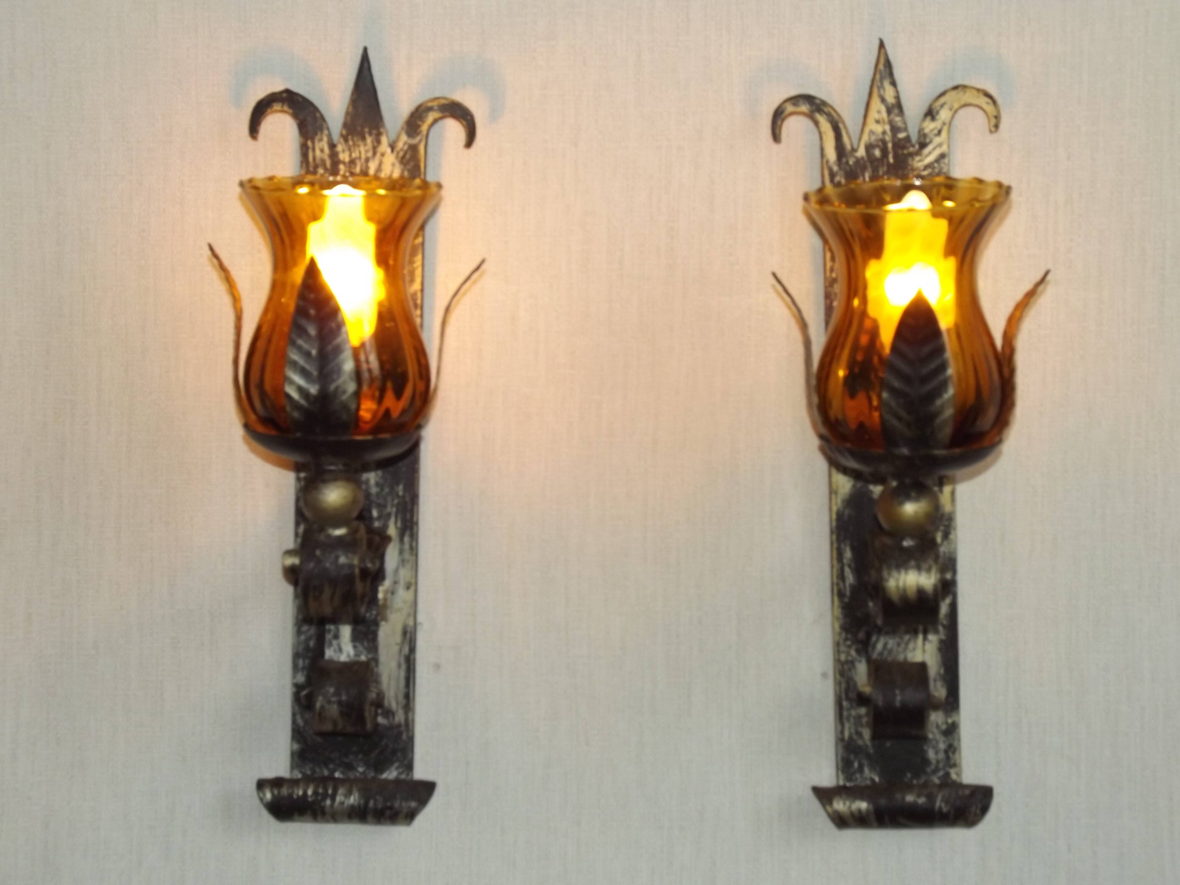 Pair Hand Forged Wrought Iron Medieval Style Wall Lights Amber Glass Shades