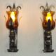 Pair Hand Forged Wrought Iron Medieval Style Wall Lights Amber Glass Shades