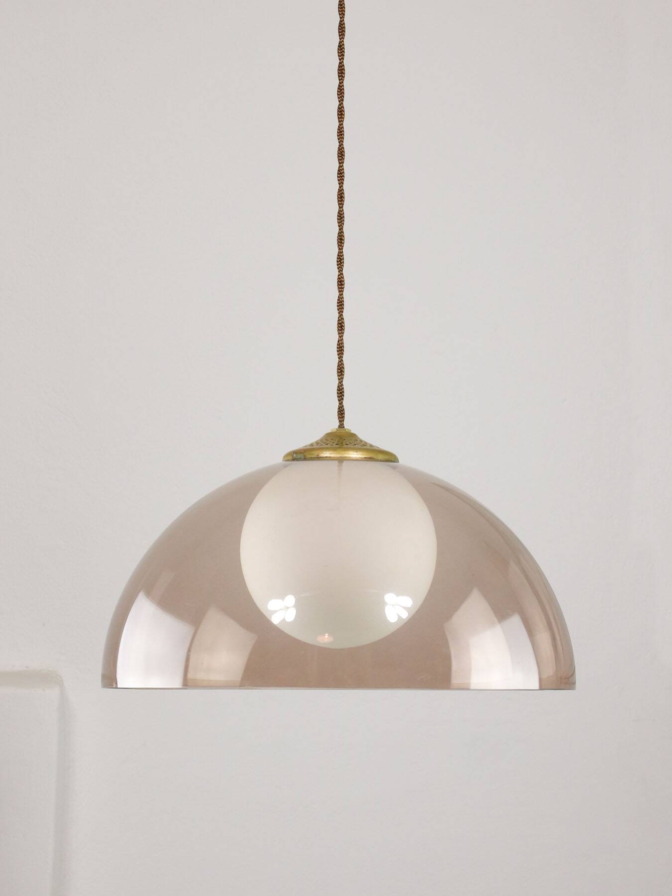 Space-age italian brass, opaline and plexiglass pendant lamp