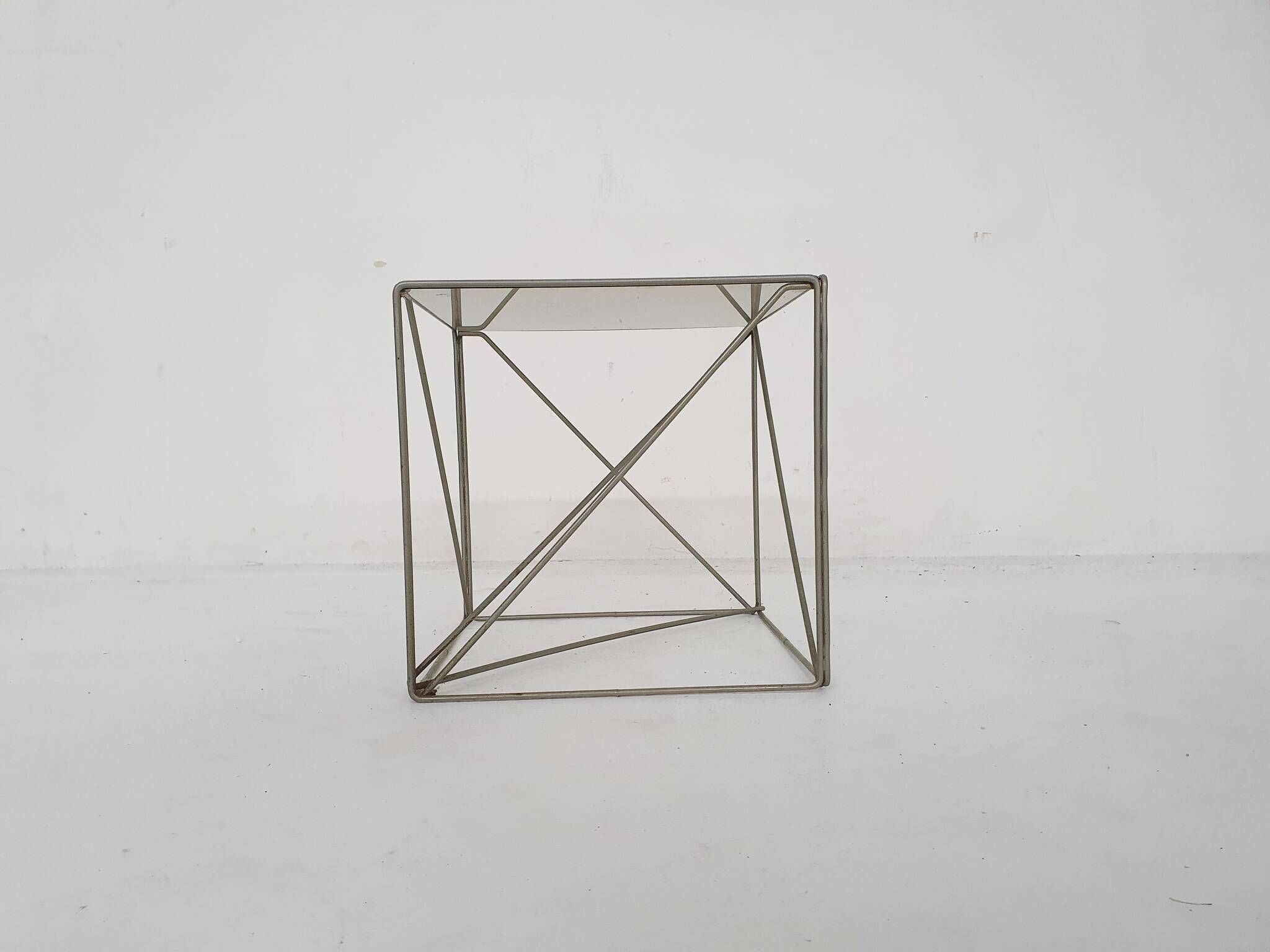 Rare metal and glass side table by Max Sauze, Isocele, France 1960's