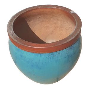 Cache pot en terre vernissé turquoise,