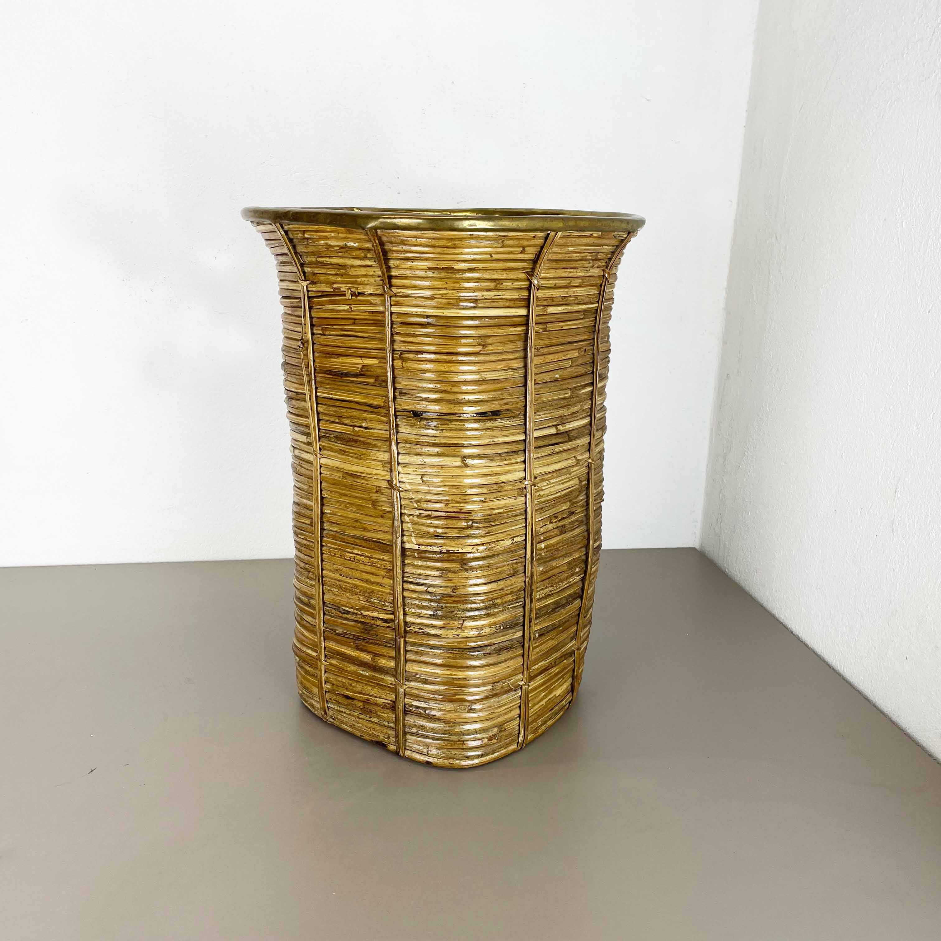 Aubock style rattan and brass bauhaus waste bin France 1960s