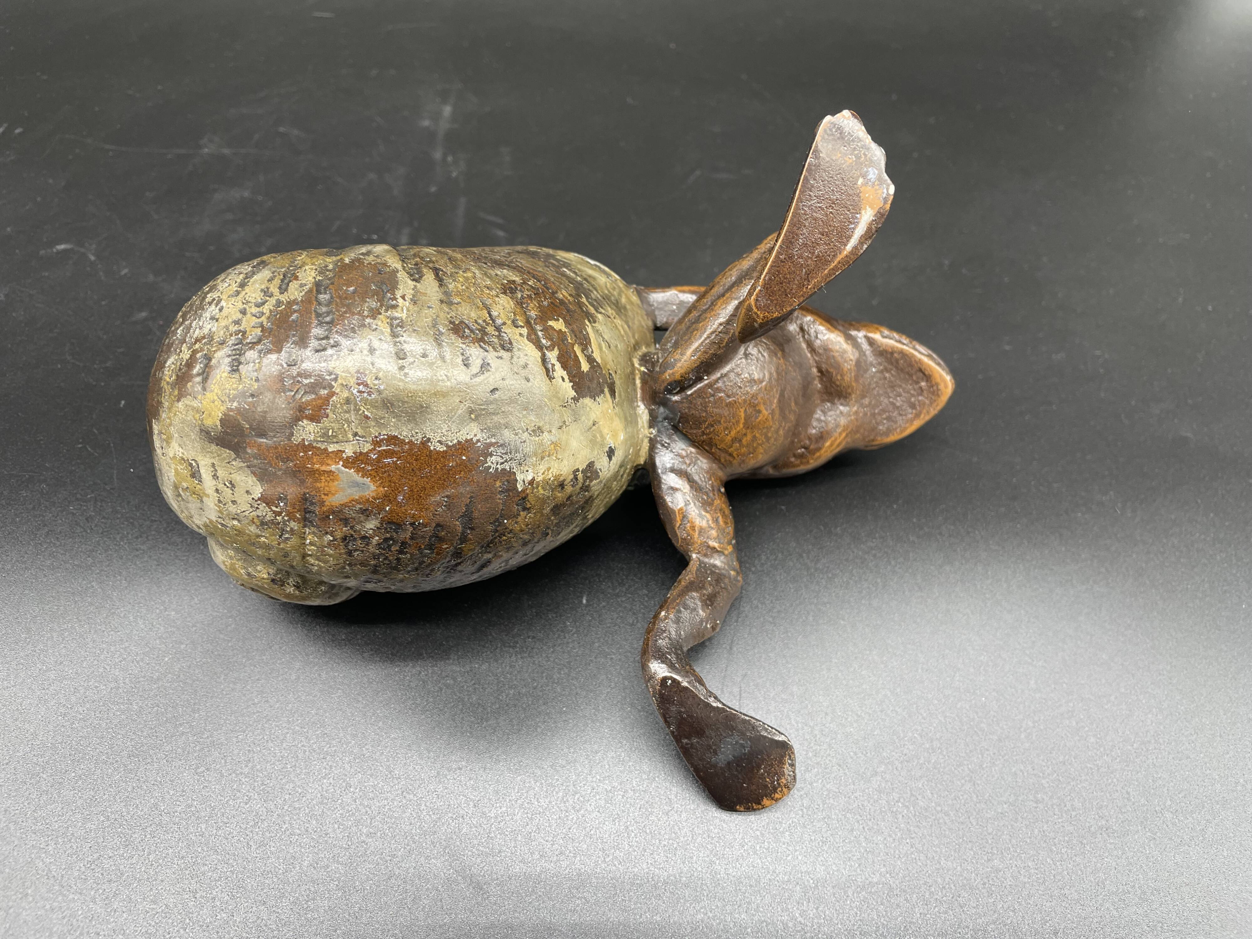 Frog, pulling snail shell, bronze sculpture, empty pocket, jewelry storage, collection