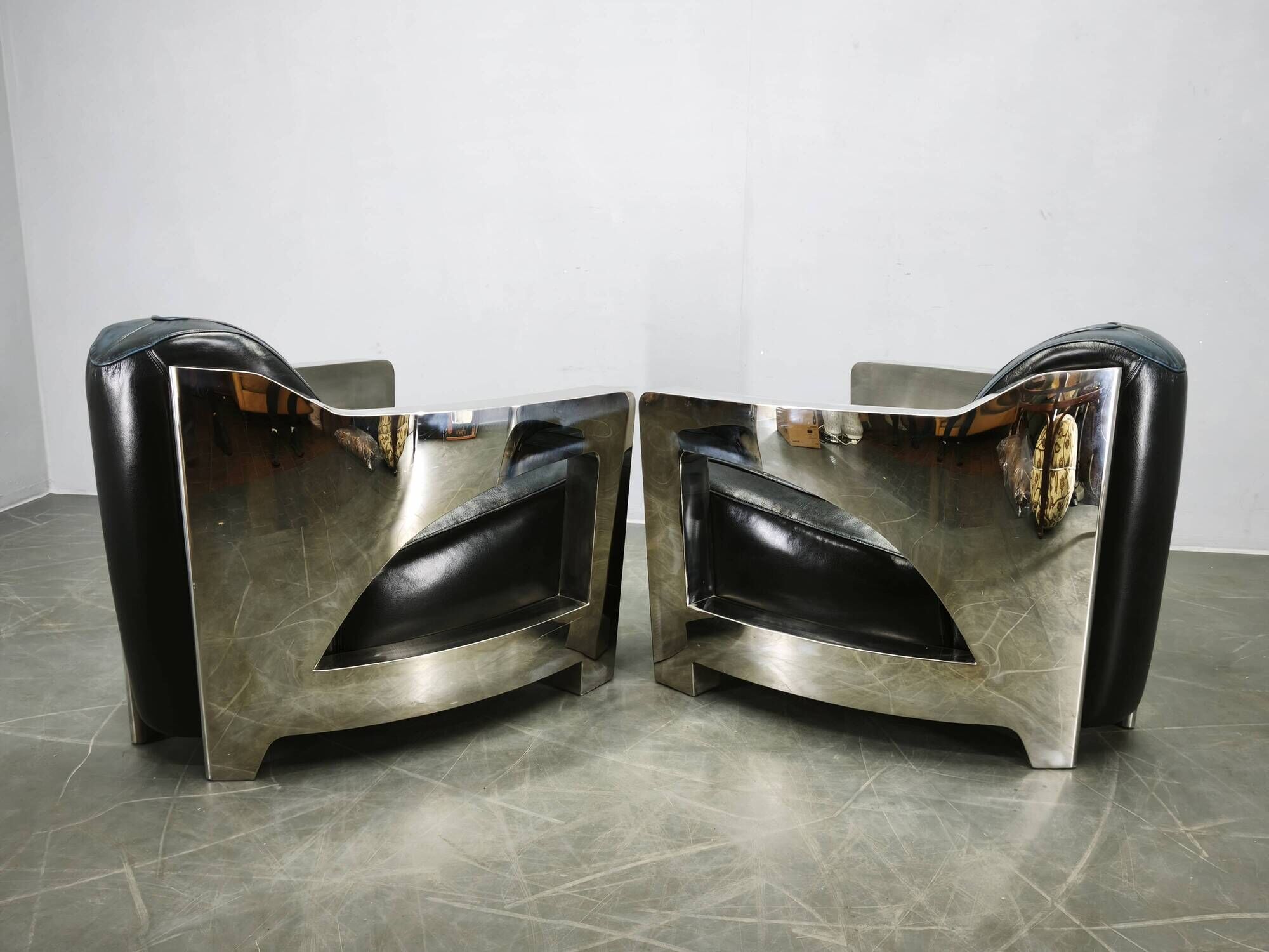 Pair of Timothy Oulton Aviator Leather and Steel Armchairs 1990s